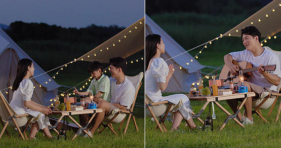 8K一家三口户外露营夜晚野餐视频的预览图