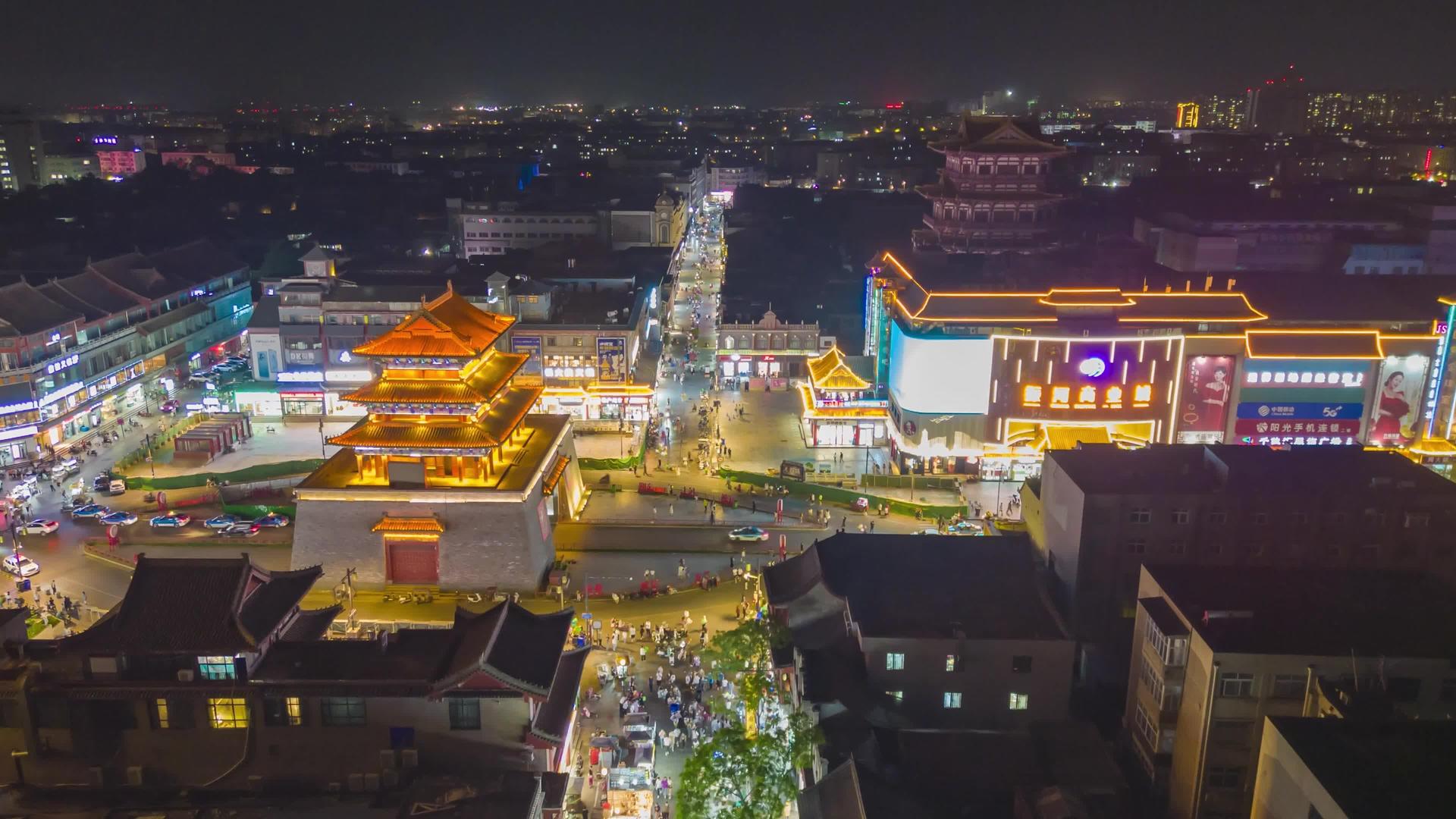 河南省开封步行街夜景人流航拍移动延迟视频的预览图