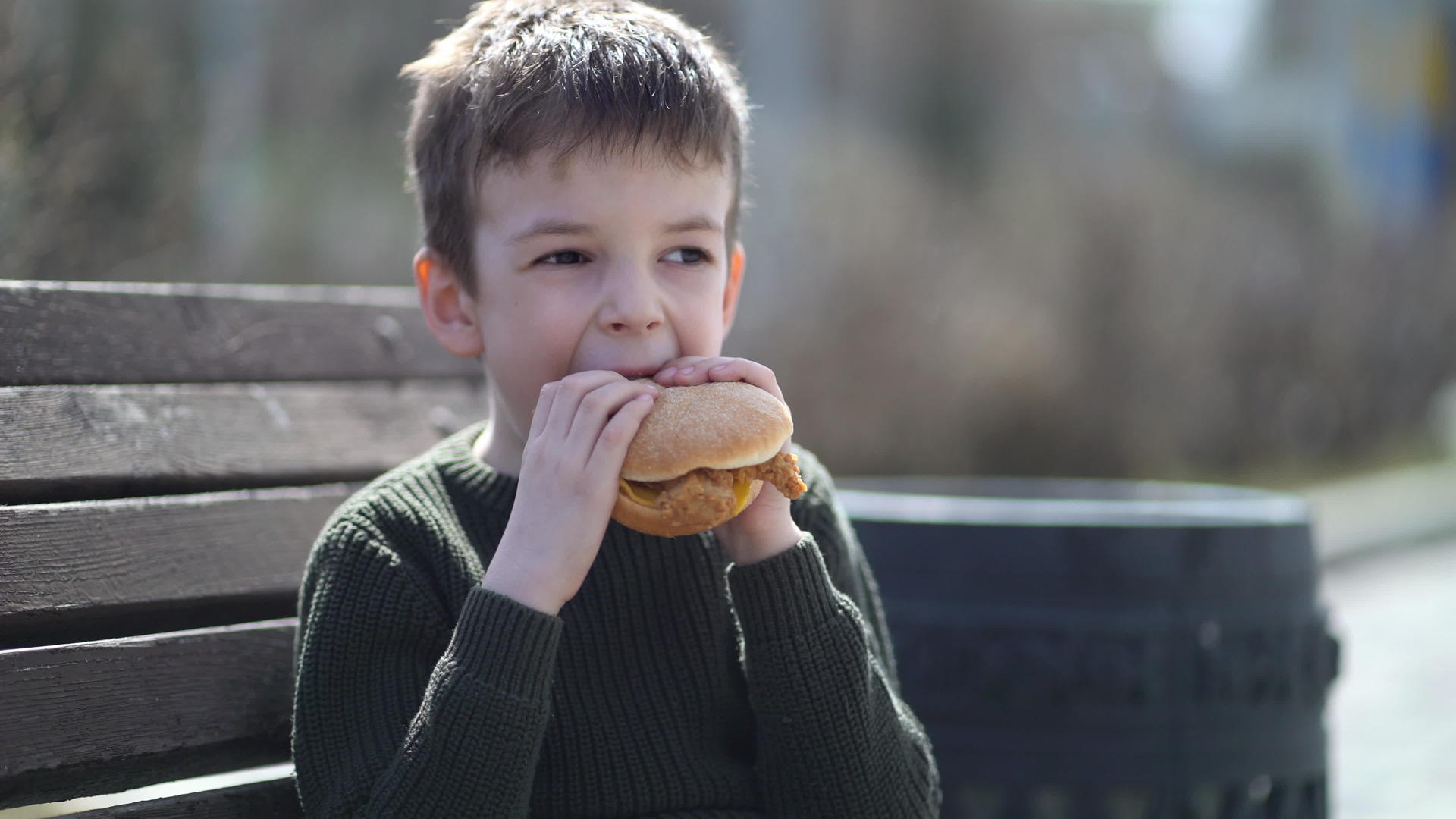 饥饿的孩子在户外吃汉堡视频的预览图