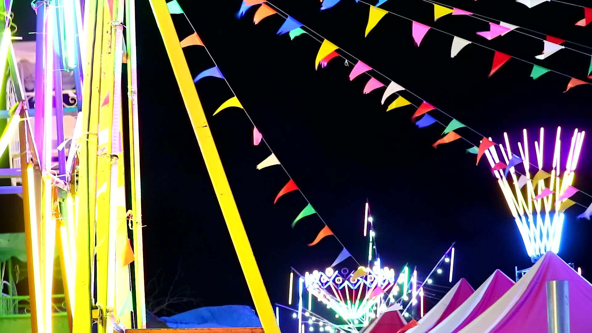 多彩三角旗从风和渡轮移动的夜景视频的预览图