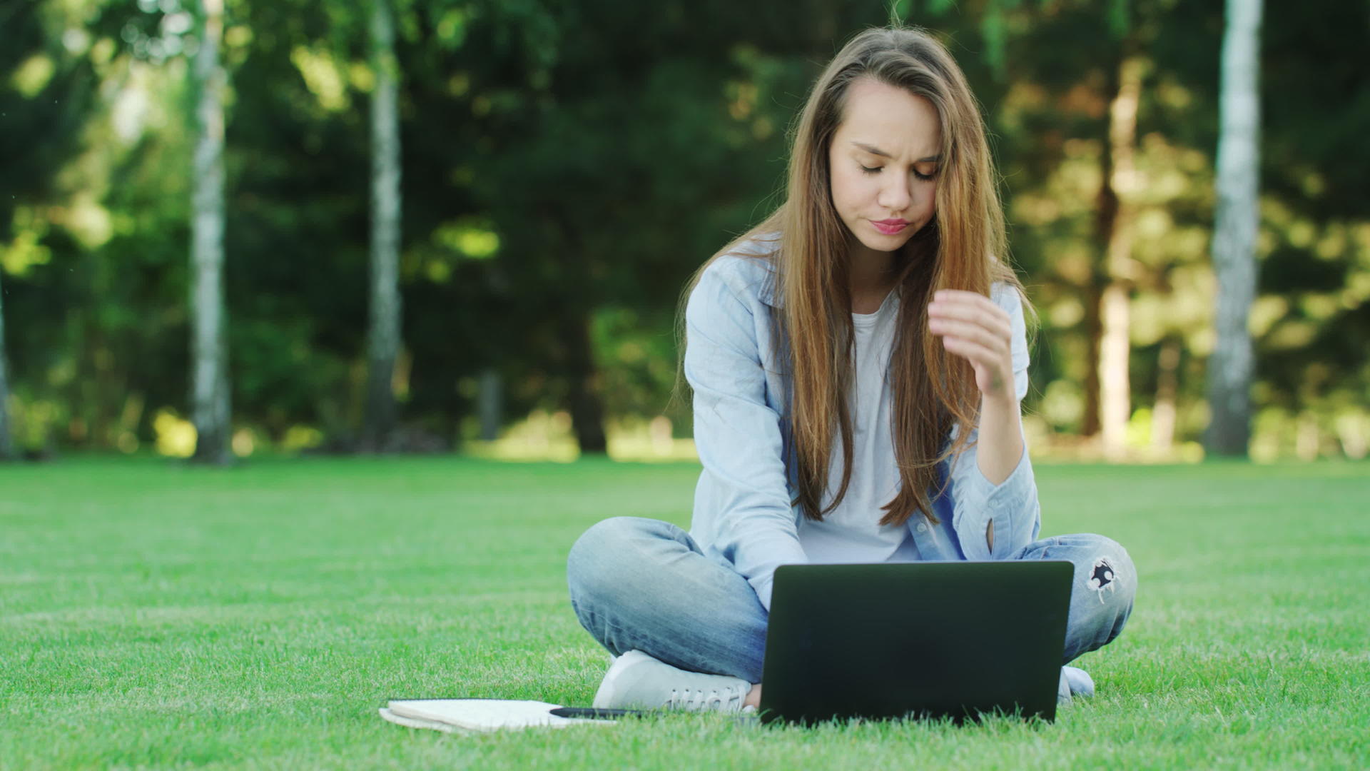 关键女性在夏季公园的绿草地上使用笔记本在线工作视频的预览图