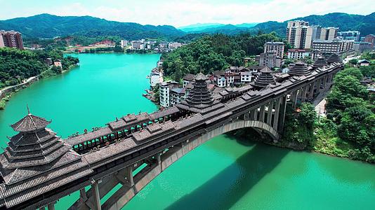 侗族山江风雨桥民族建筑风光航拍视频的预览图