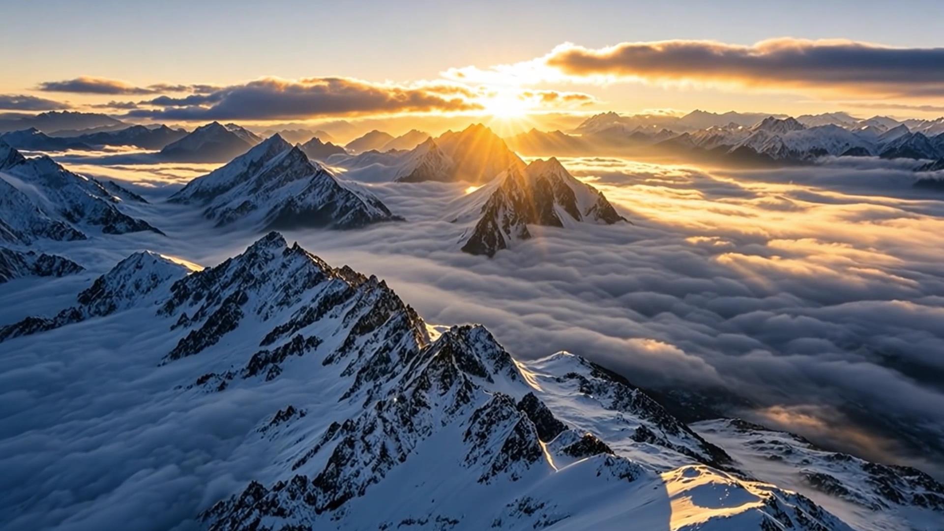 冬日雪山日出日落时的壮丽自然风光视频的预览图