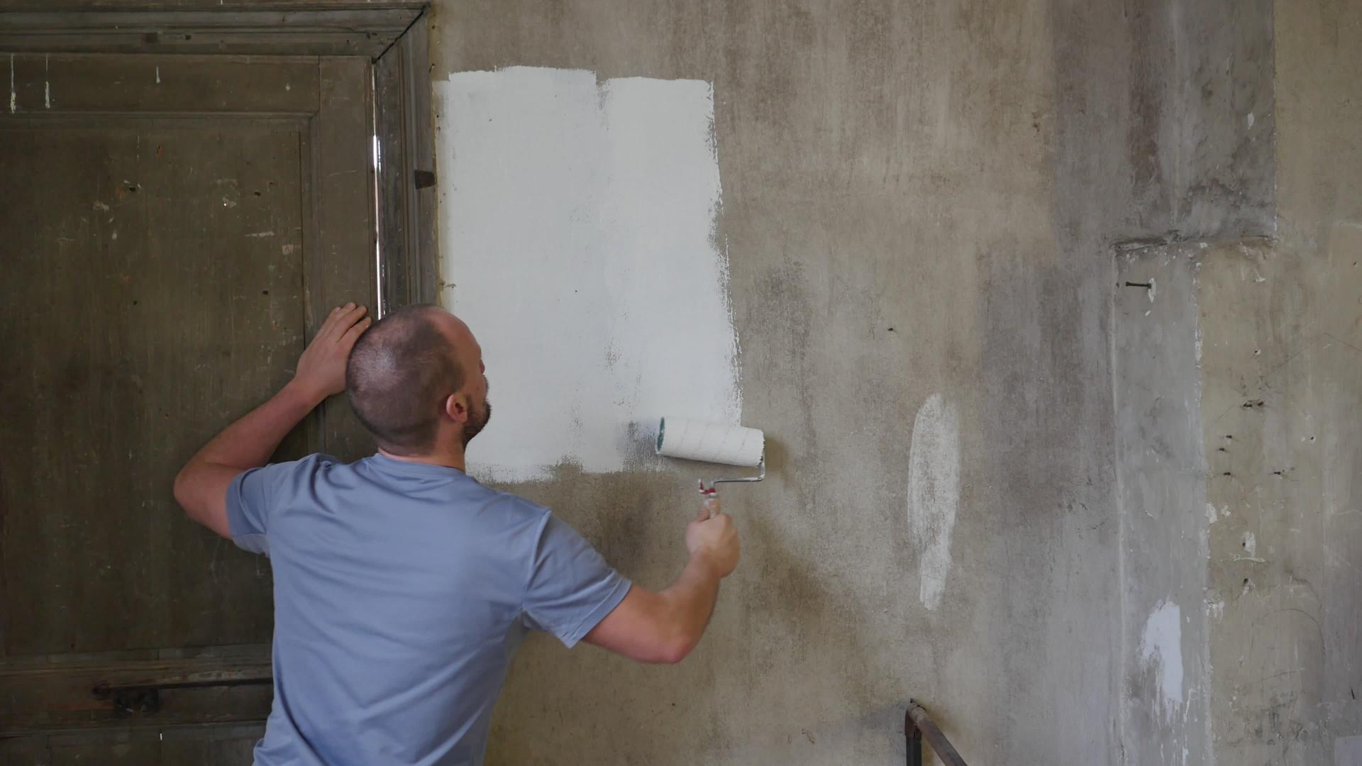 真正的专业房屋画家站在一堵灰色的墙上画背视频的预览图