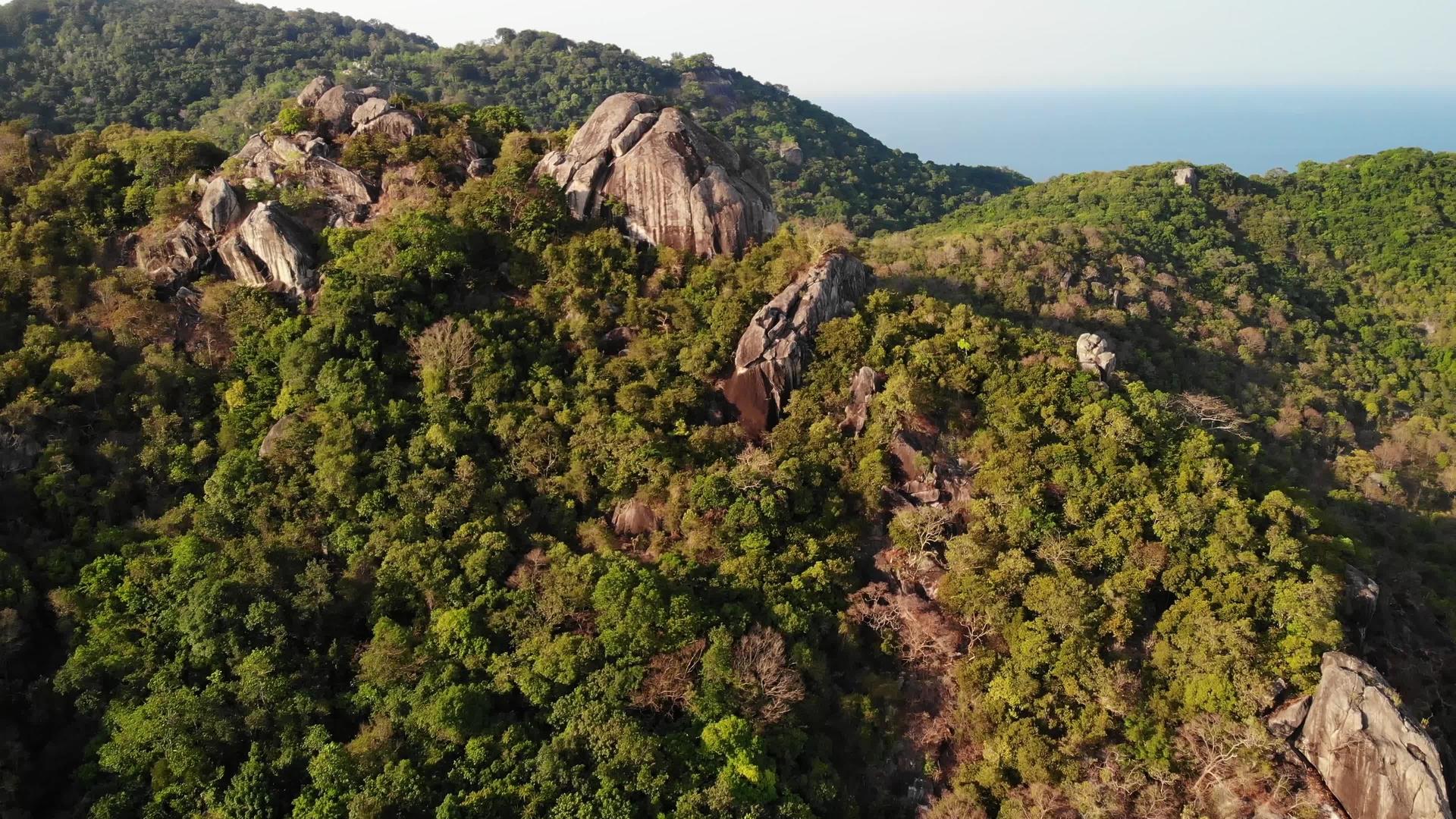 热带岛屿的丛林和山脉无人机可以欣赏到陶岛火山岩地形上的绿色丛林和巨石视频的预览图