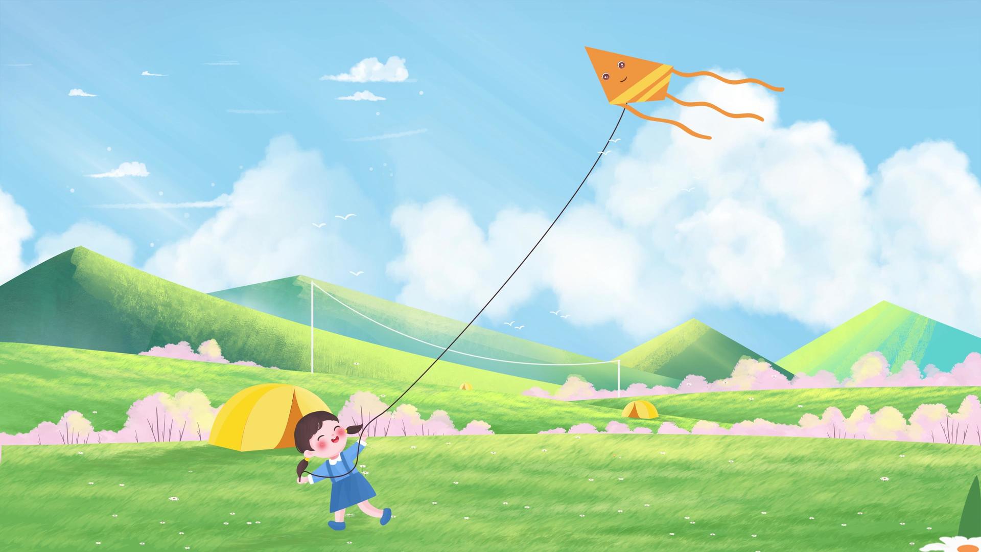 美丽治愈春分草原放风筝背景视频视频的预览图