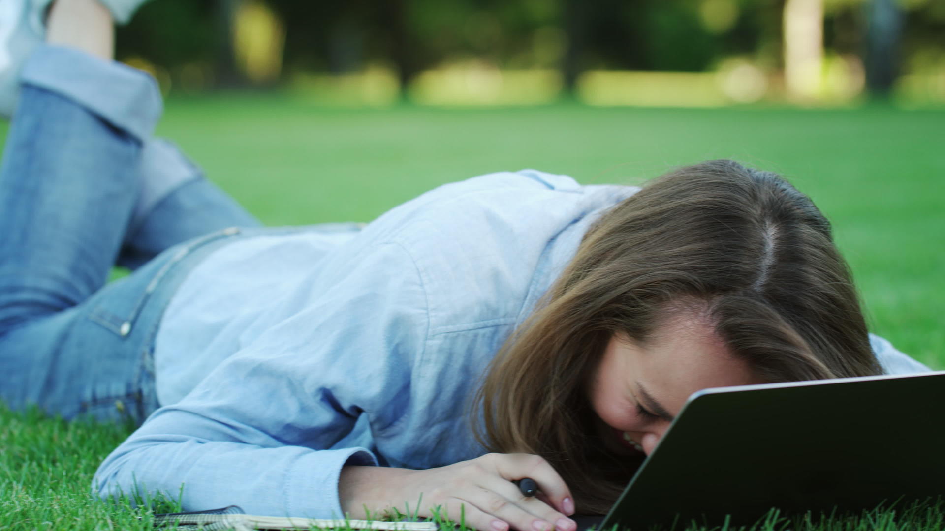 笔记本电脑用于夏季公园的绿色草坪视频的预览图