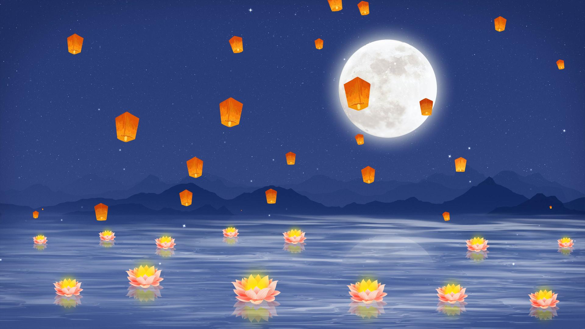 蓝夜月荷花灯笼流浪远山星空中元节背景视频的预览图