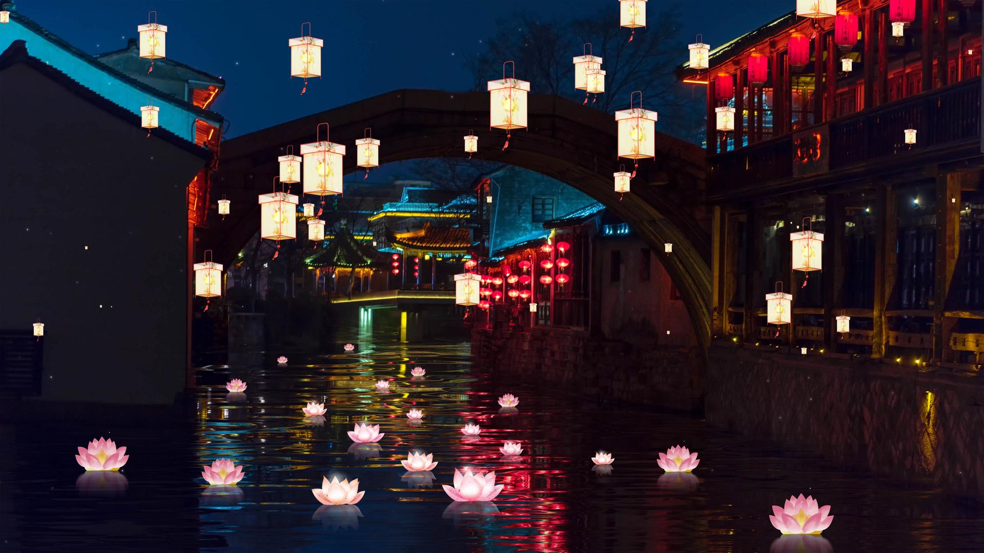 酷酷的月夜上升灯笼河道街景夜晚中元节背景视频的预览图