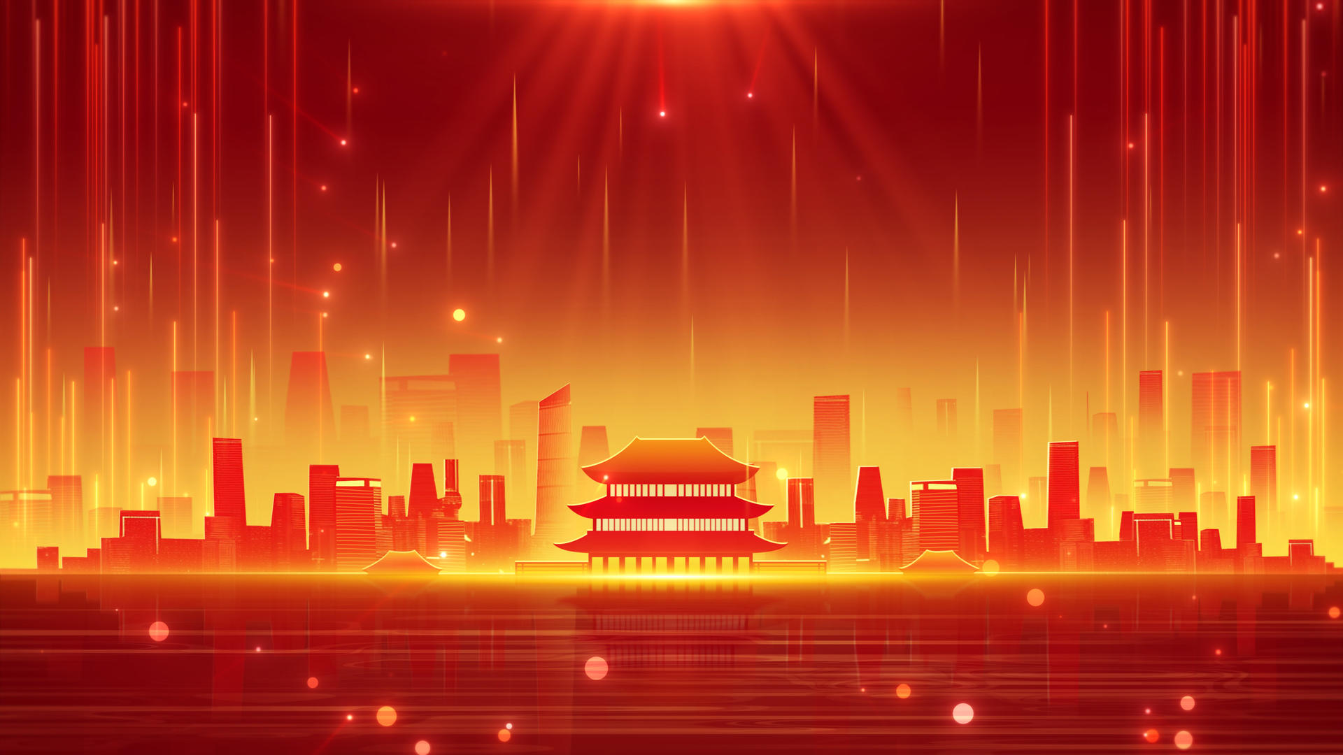 红炫酷的粒子光幕布城市建筑流光建党节背景视频的预览图