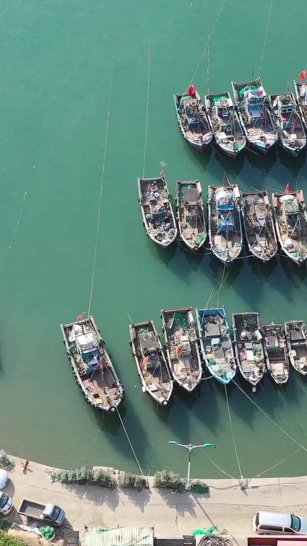海边渔港码头和整齐排列的渔船航拍视频视频的预览图