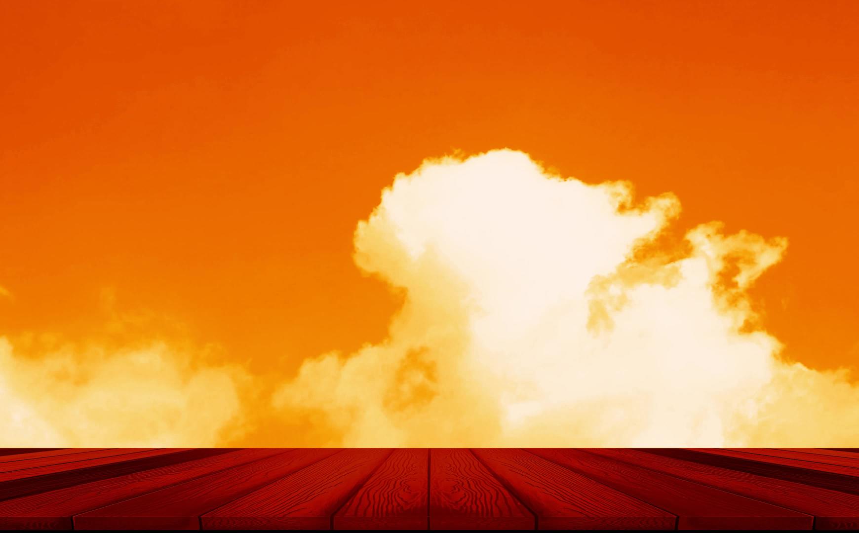 漂浮在橙色天空中的白云和红木地板视频的预览图