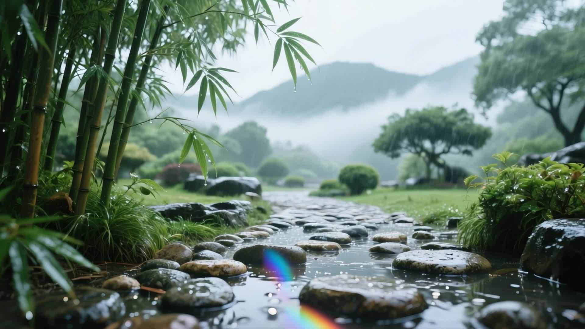 清新雨中竹林与石路的自然风光视频的预览图