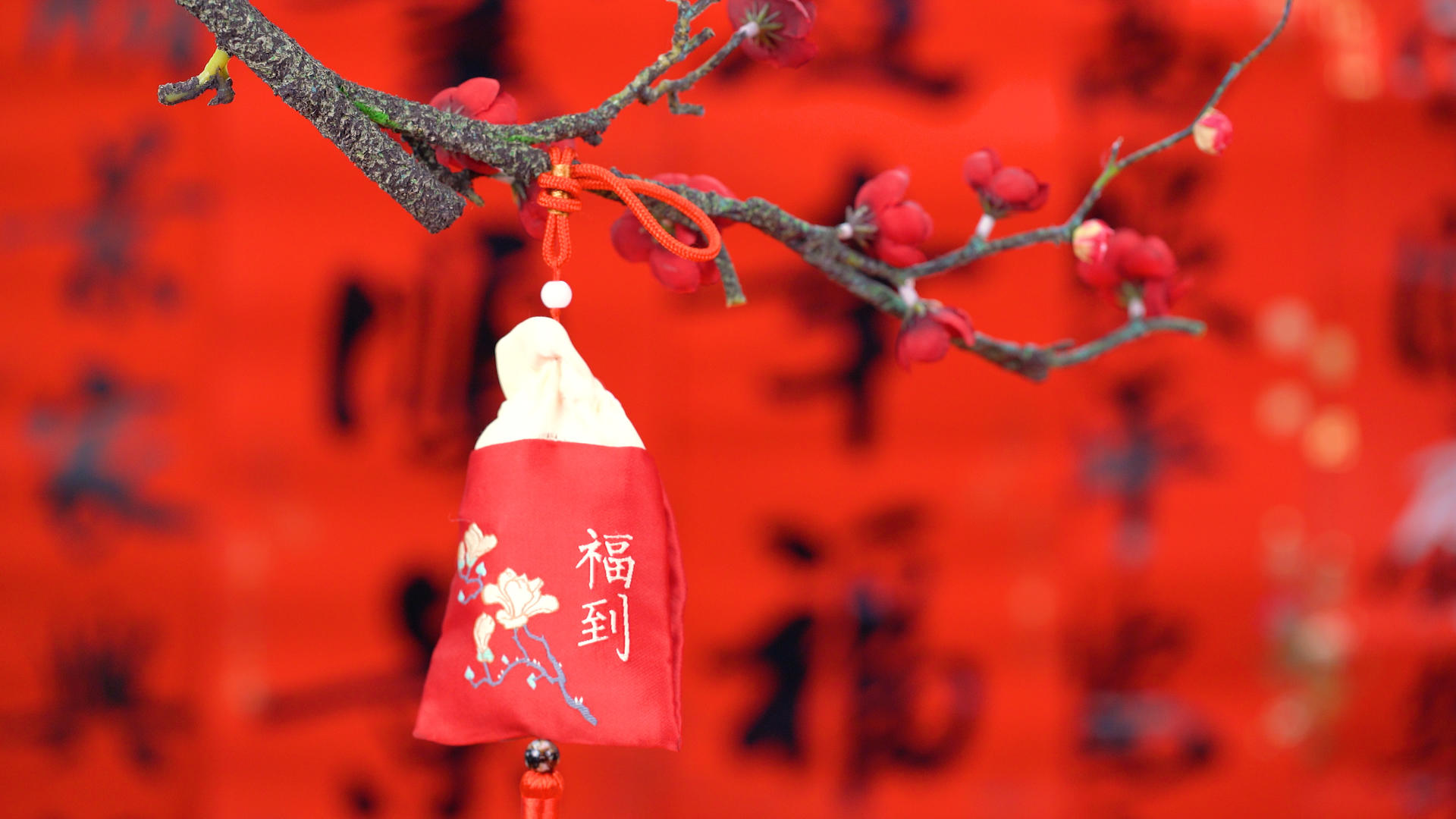 4K红红火火过新年树枝上的福袋视频的预览图
