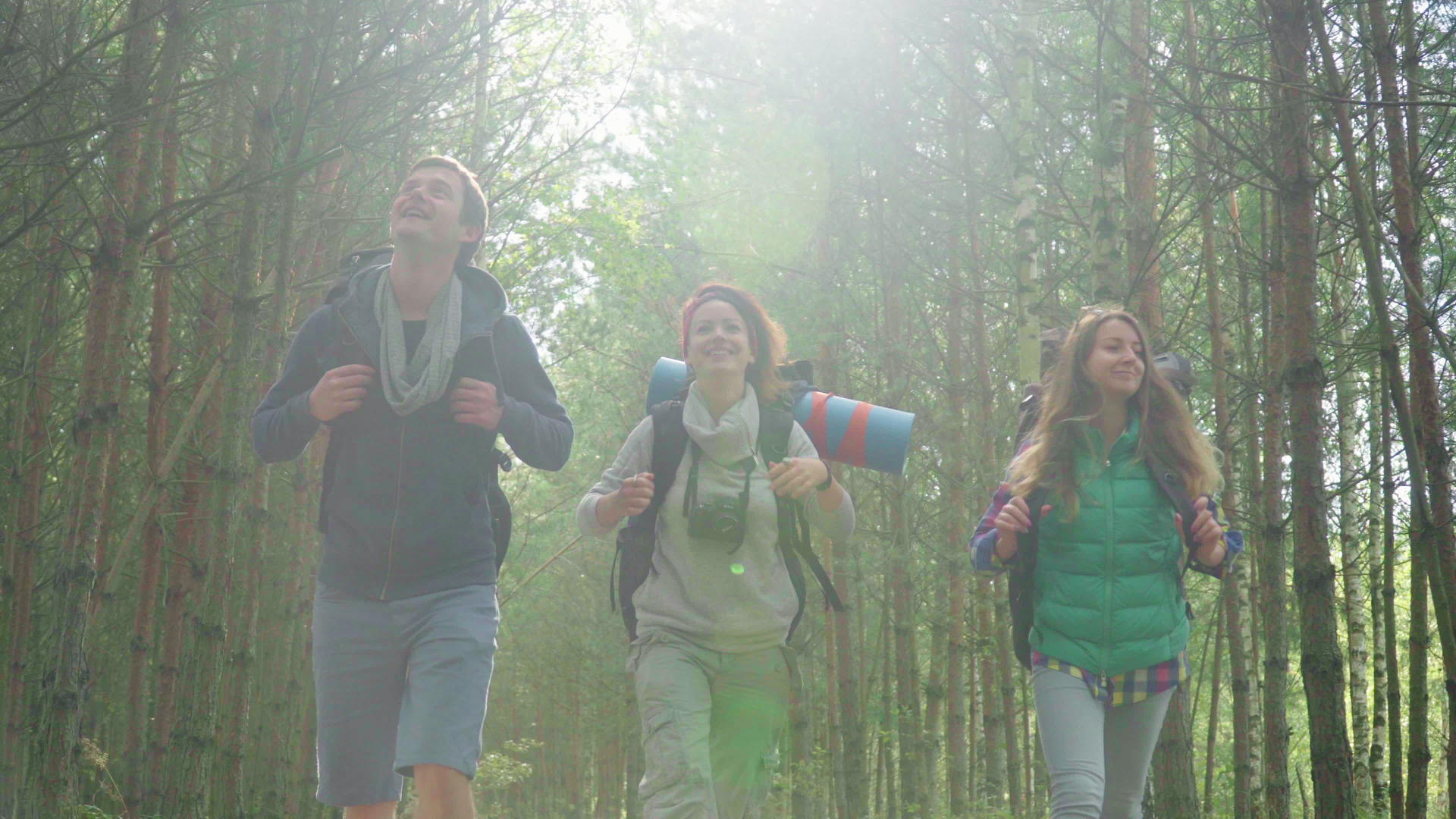 年轻游客带着背包走过森林谈笑风生视频的预览图