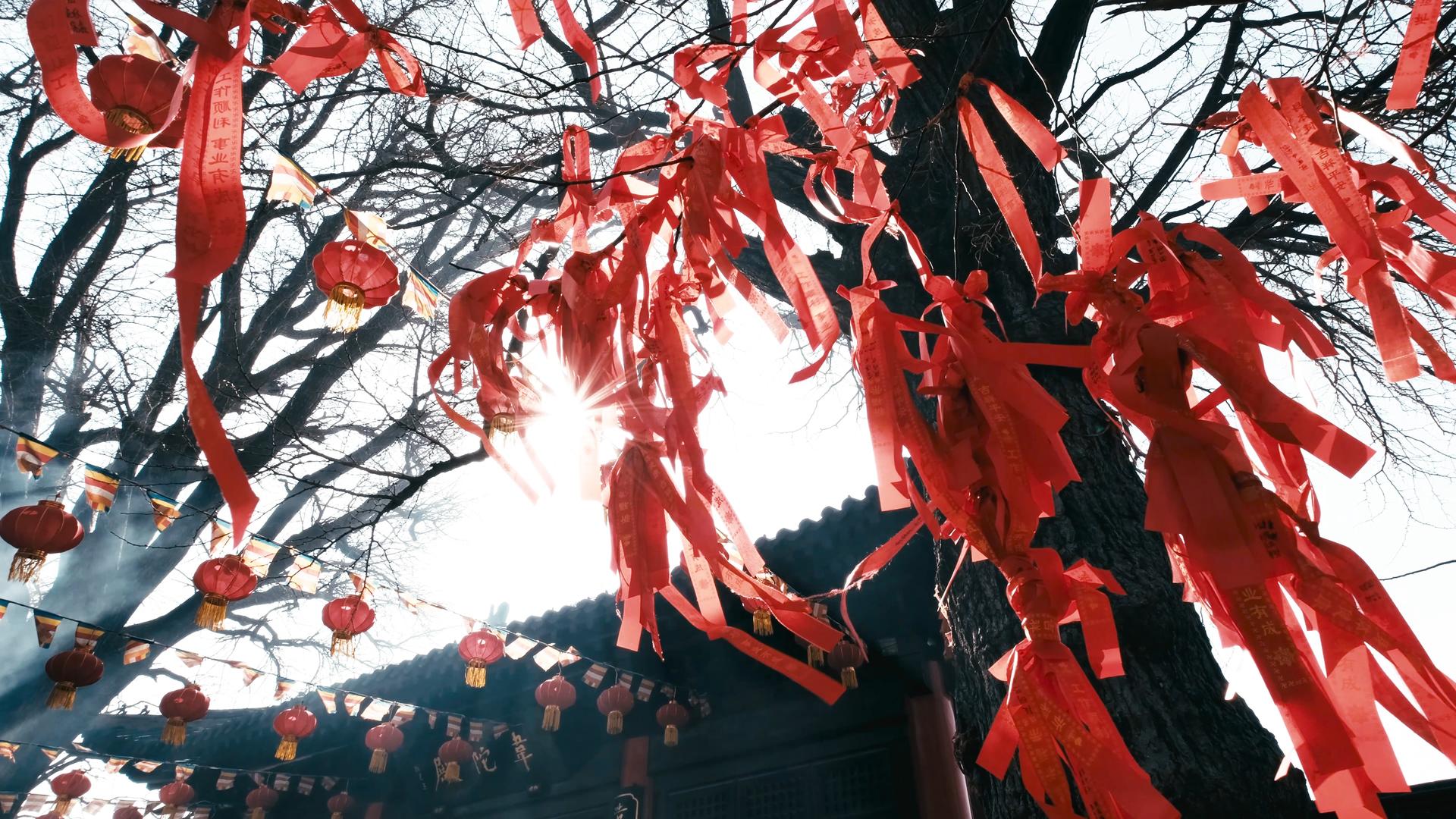4K在花果山景区寺庙拍摄许愿红飘带视频的预览图