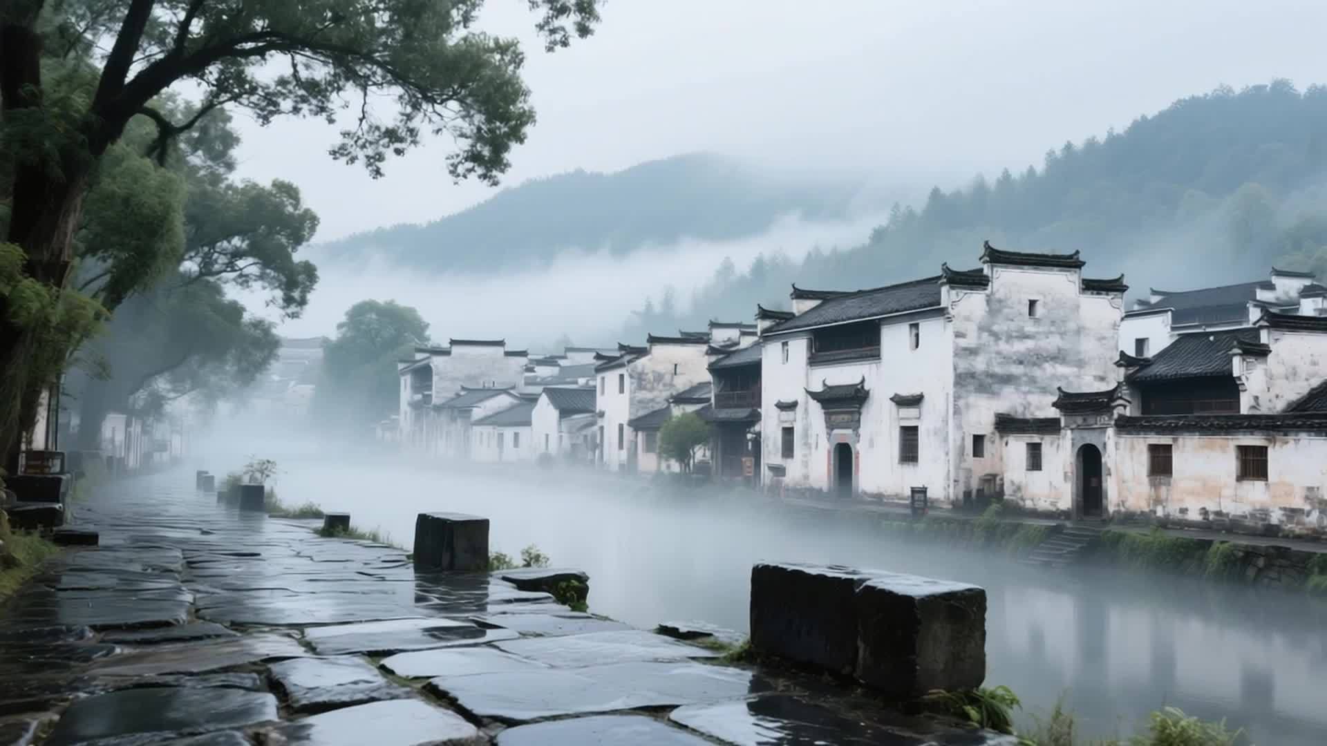 烟雨徽州水墨村居视频的预览图