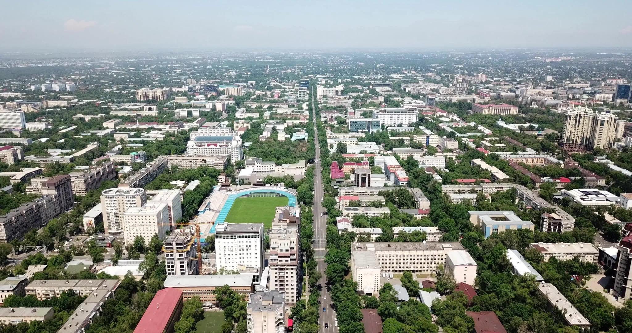 哈萨克斯坦绿色街道航拍全景视频的预览图