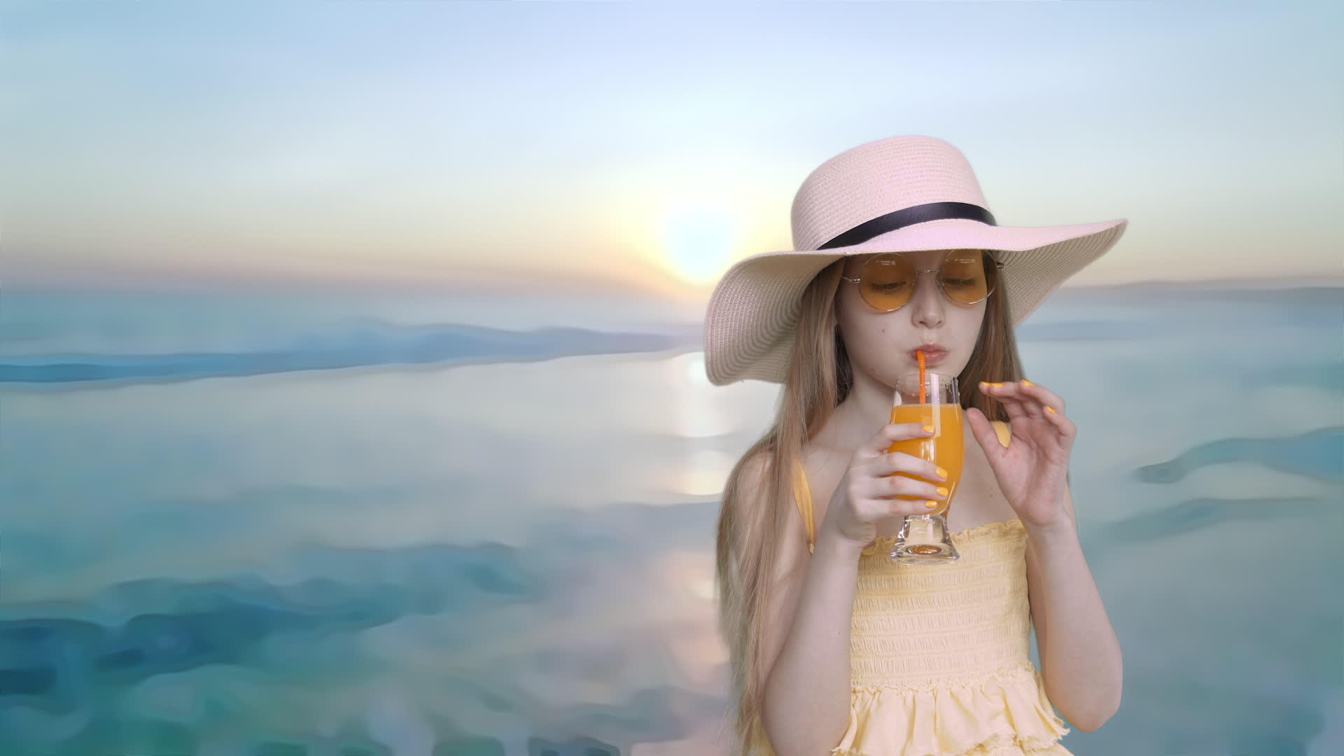 优雅的女孩喝橙汁的背景视频的预览图
