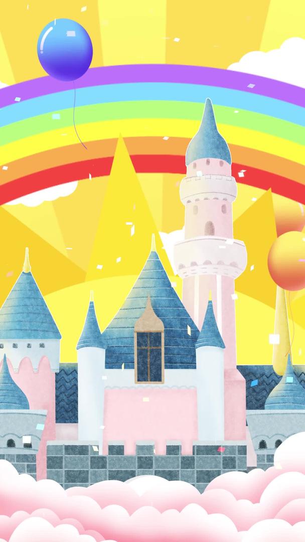 唯美卡通动态城堡彩虹放射背景视频视频的预览图