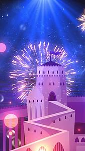 夜景梦幻城堡粒子烟花放射背景视频视频的预览图