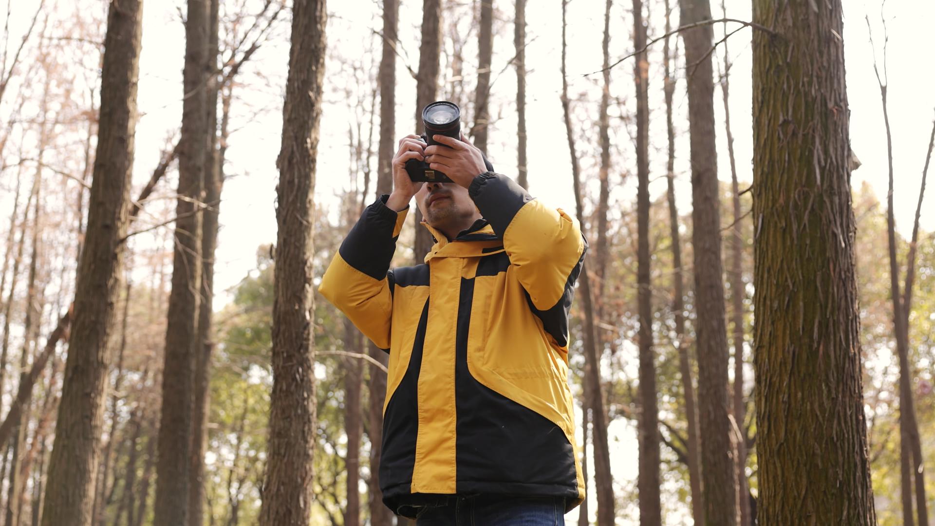 树林里拍照的中年男性视频的预览图