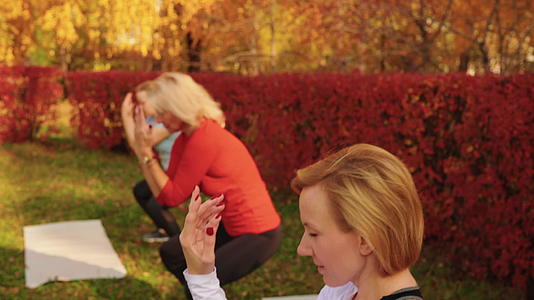 健身妇女在秋季公园训练户外健身运动妇女在秋季公园练习户外健身在城市公园练习瑜伽的女人视频的预览图