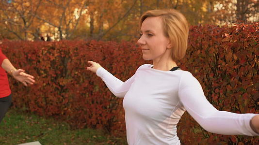 健身女性在秋季公园的芭蕾舞课上跳舞视频的预览图