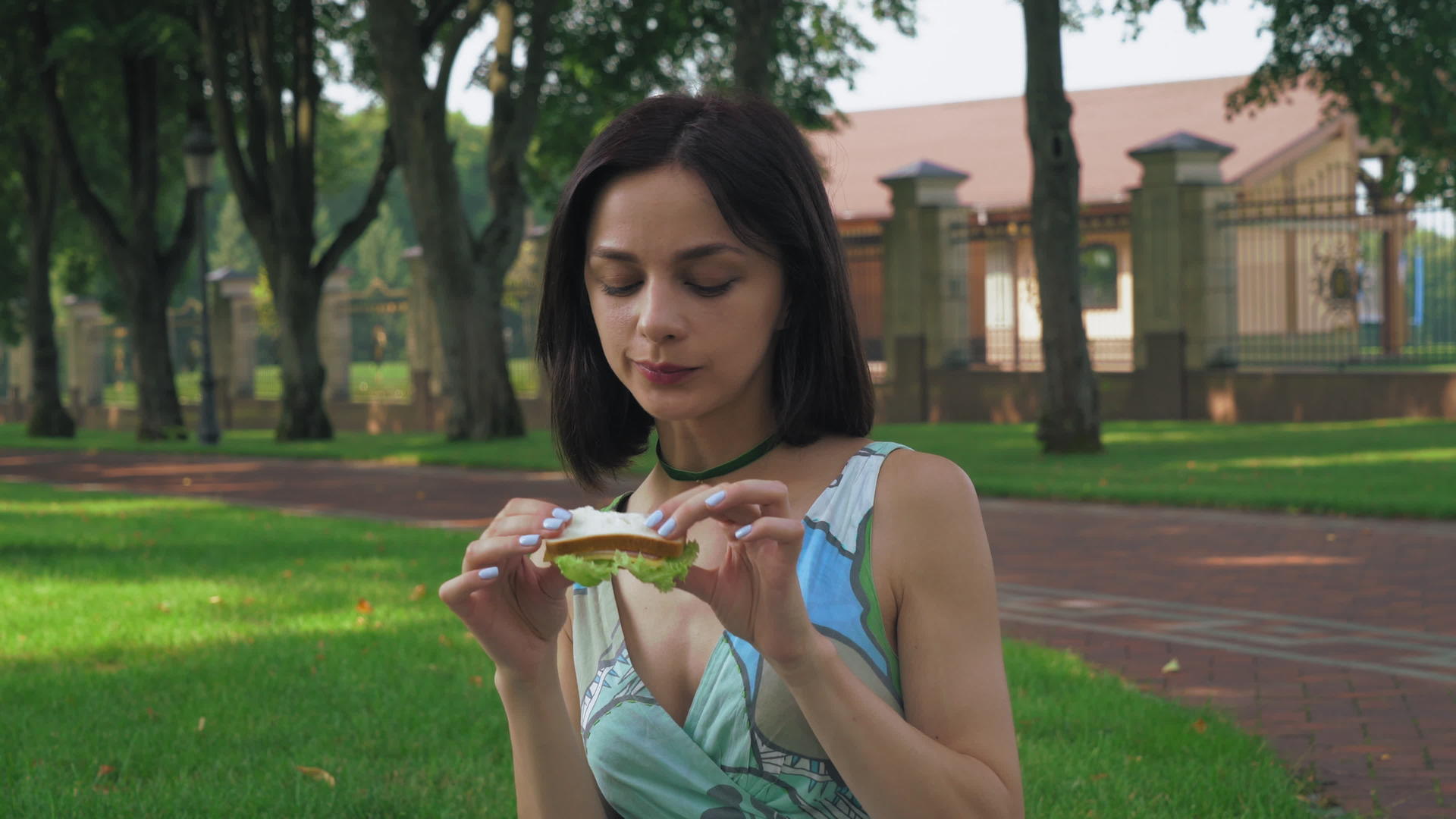 迷人的黑发女孩在公园里吃三明治视频的预览图