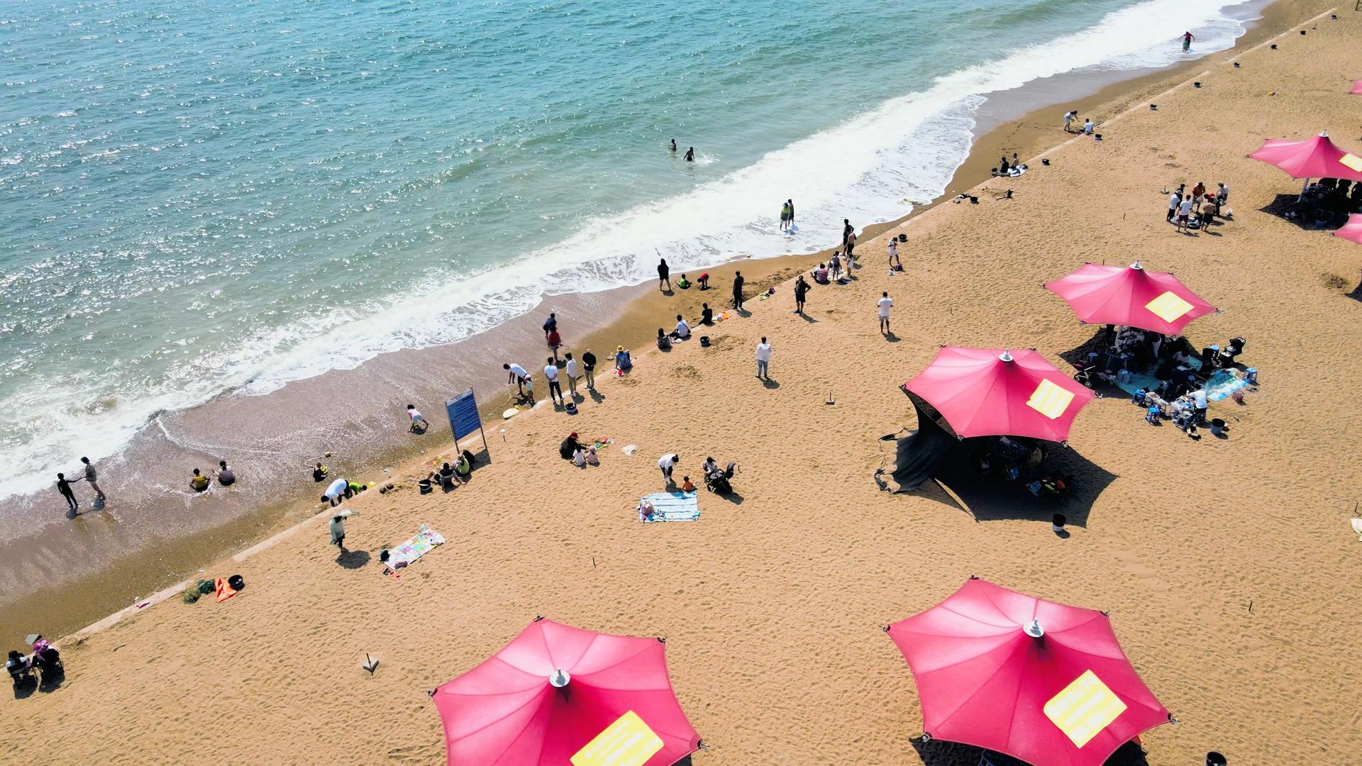 4K大连海滨海边浴场游客游泳海澡航拍海浪游客旅游金石滩国家旅游度假区视频的预览图