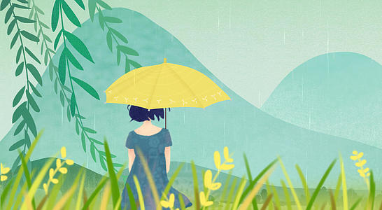 春夏季节雨天河边女孩清新卡通背景视频的预览图