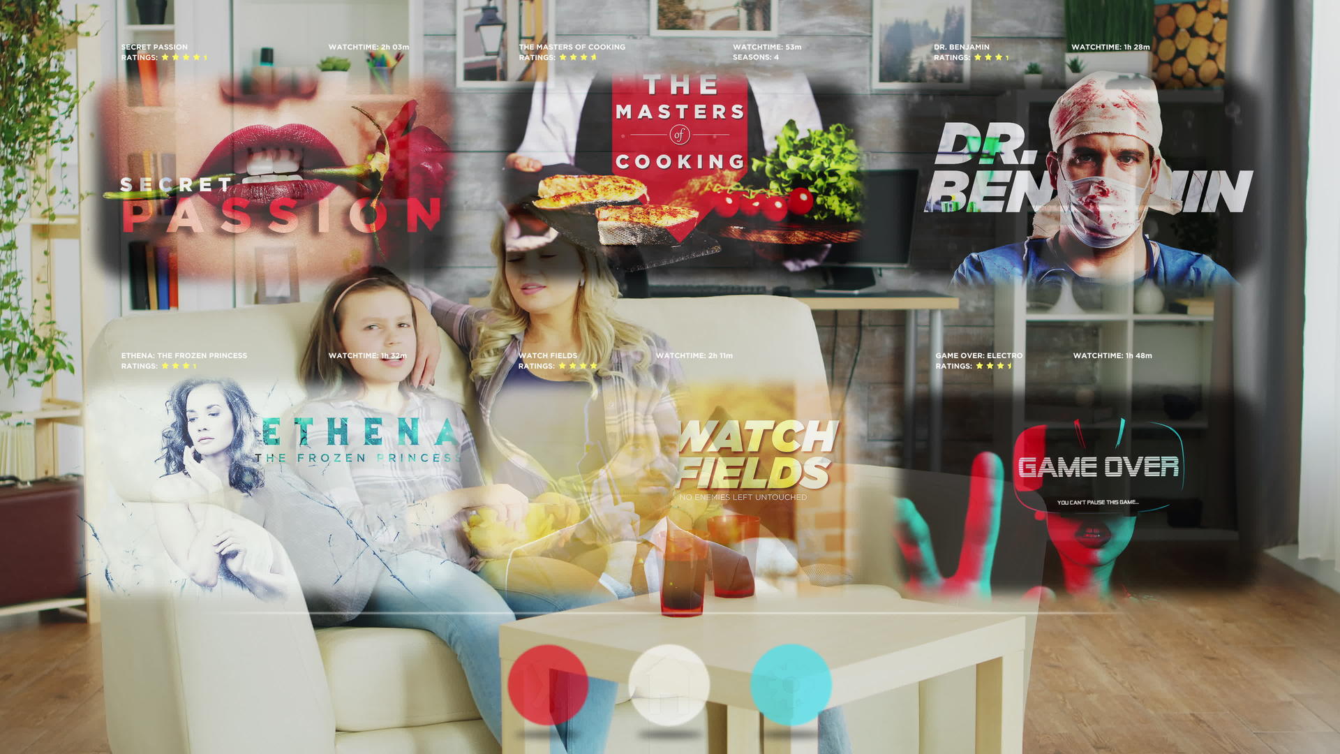 妈妈和女儿坐在沙发上看着虚拟投影面前的智能电视视频的预览图