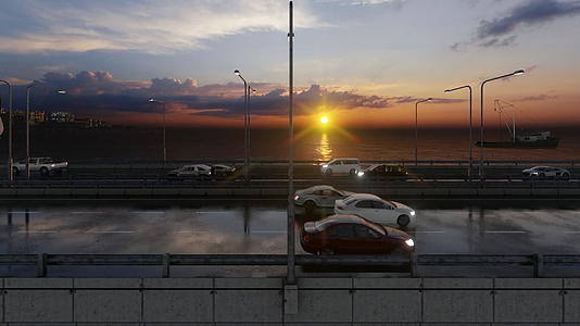 日落时夜城对潮湿高速公路的空中侧空中视角视频的预览图