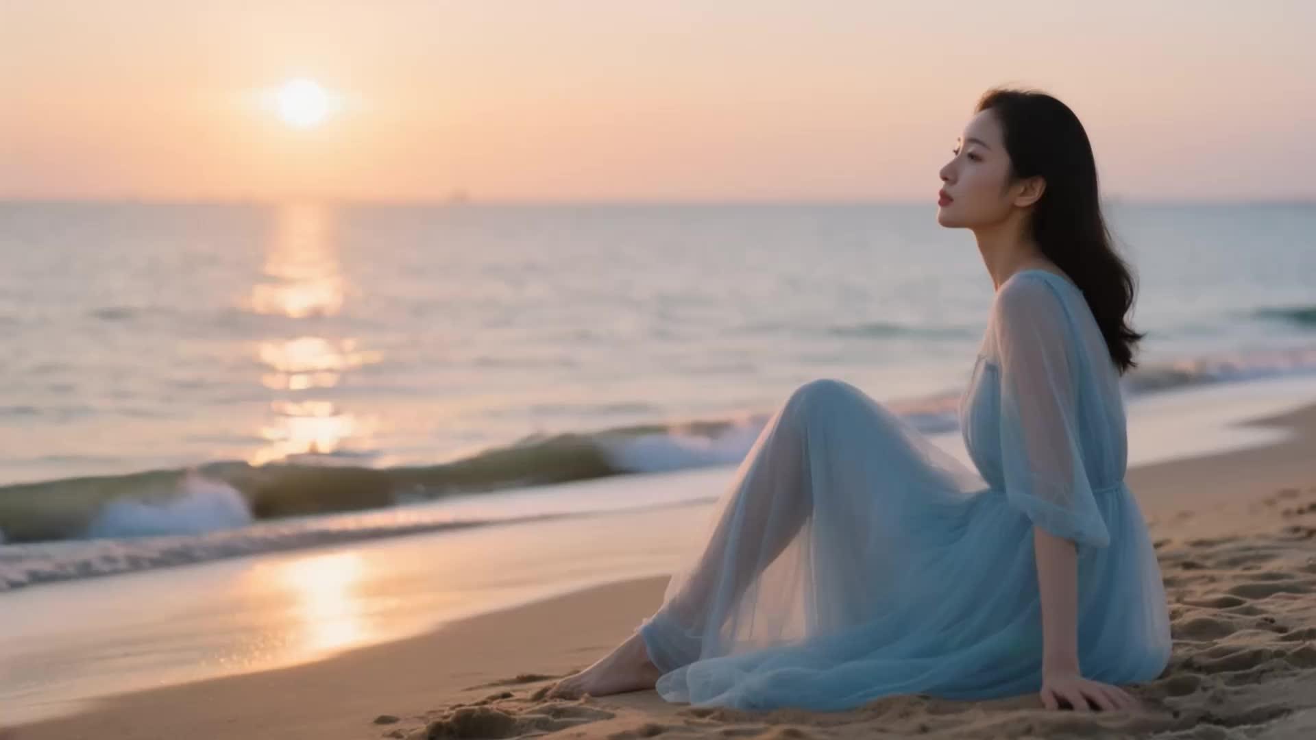 宁静的少女在海边夕阳下视频的预览图