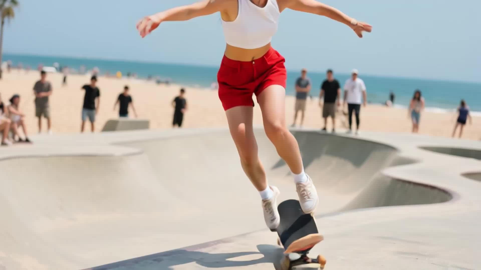 夏天滑板少女男孩的海滩视频的预览图