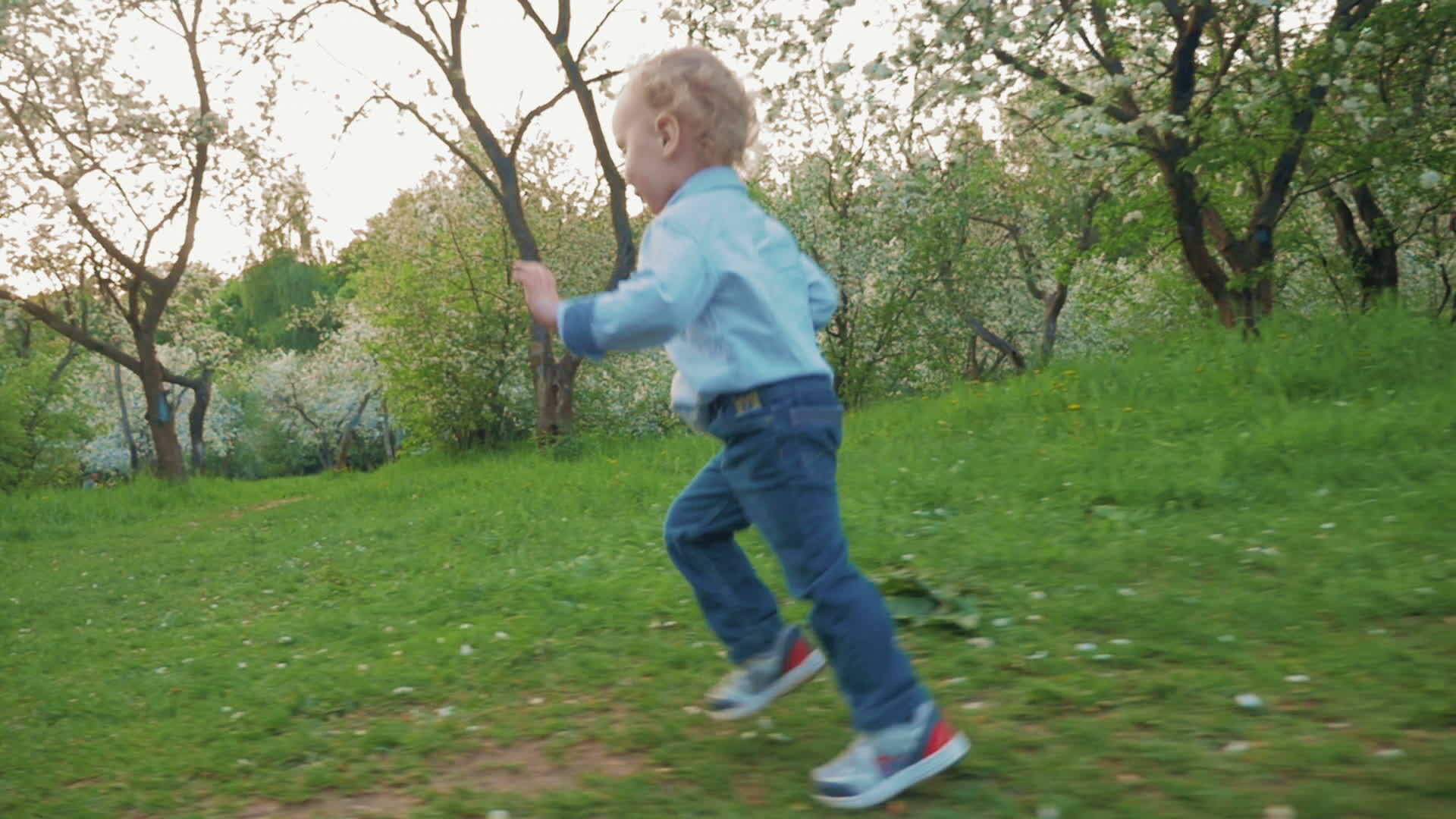 快乐的小男孩在公园里跑来跑去视频的预览图