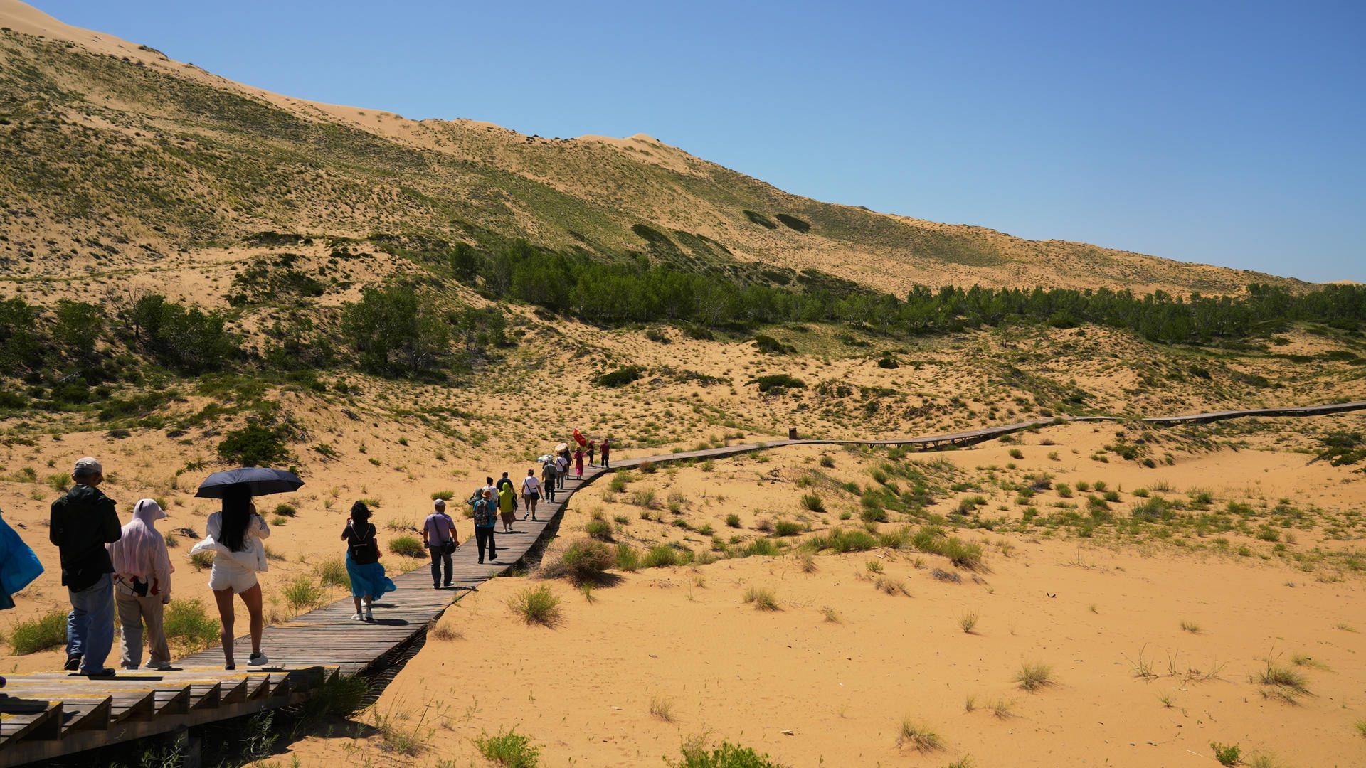 新疆西北边境大漠戈壁鸣沙山上行走的游客4k素材视频的预览图