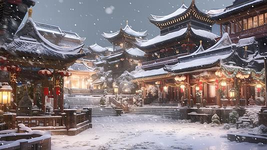 冬天大雪纷飞古镇中国古建筑视频的预览图