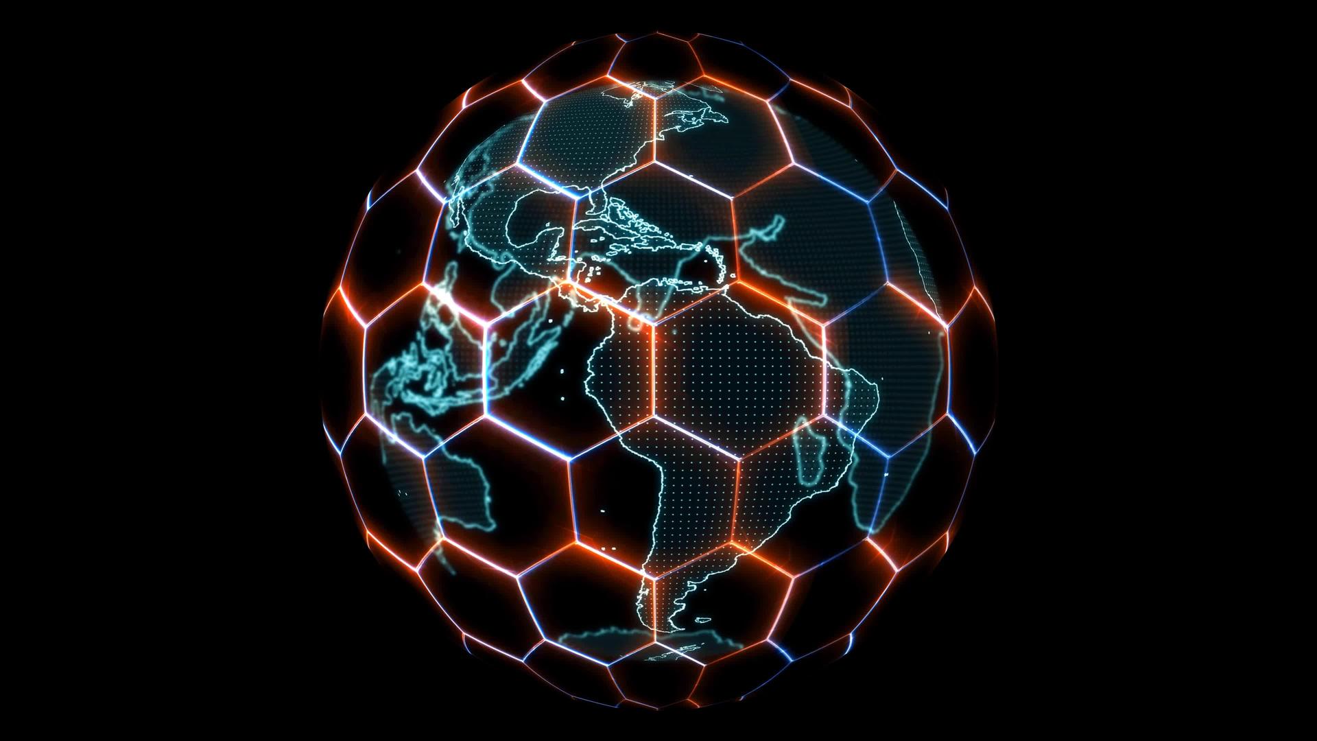 六边形和未来数字连接的红色和蓝色激光和地球地图与纬度经度扫描视频的预览图