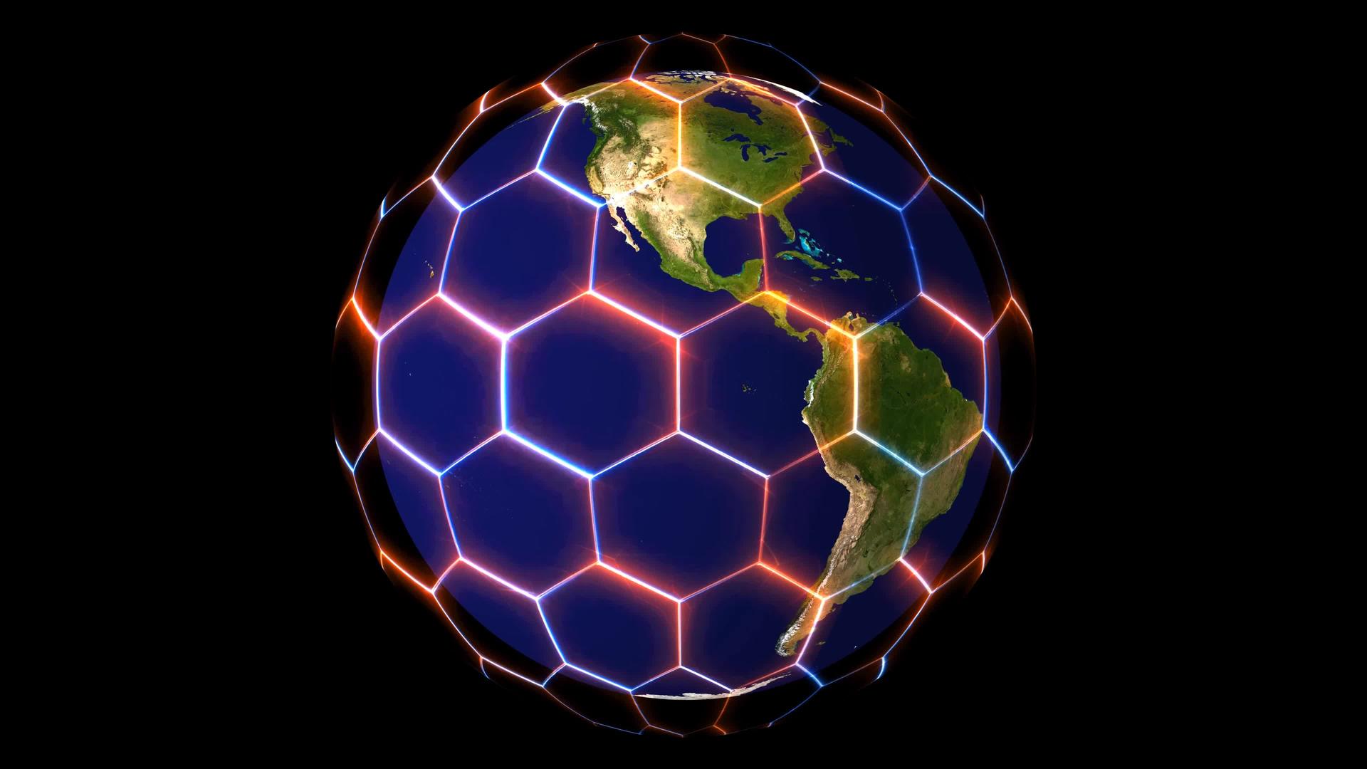 六边形和红色和蓝色激光动画封面和世界地图保护和经纬度扫描视频的预览图