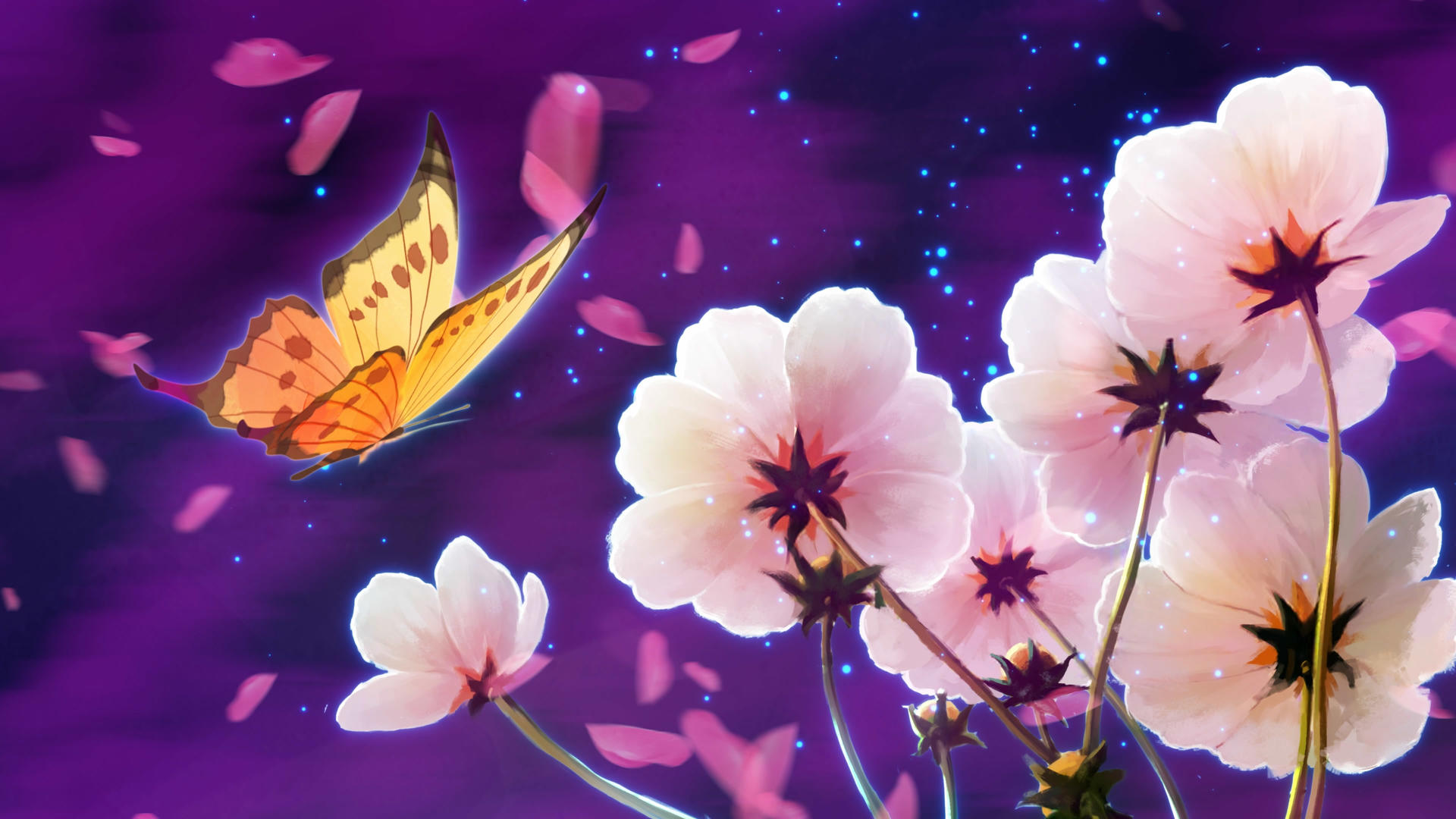 4K唯美风中的鲜花蝴蝶背景素材视频的预览图
