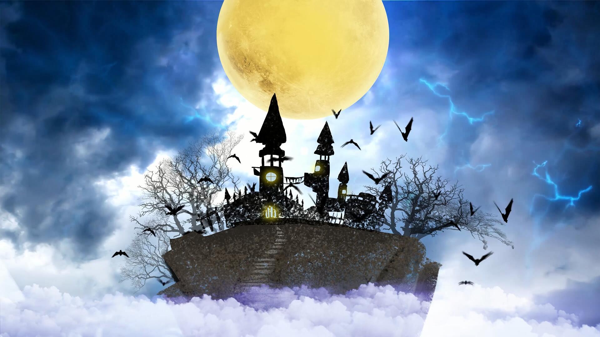 4k城堡恐怖雷电月亮背景视频的预览图