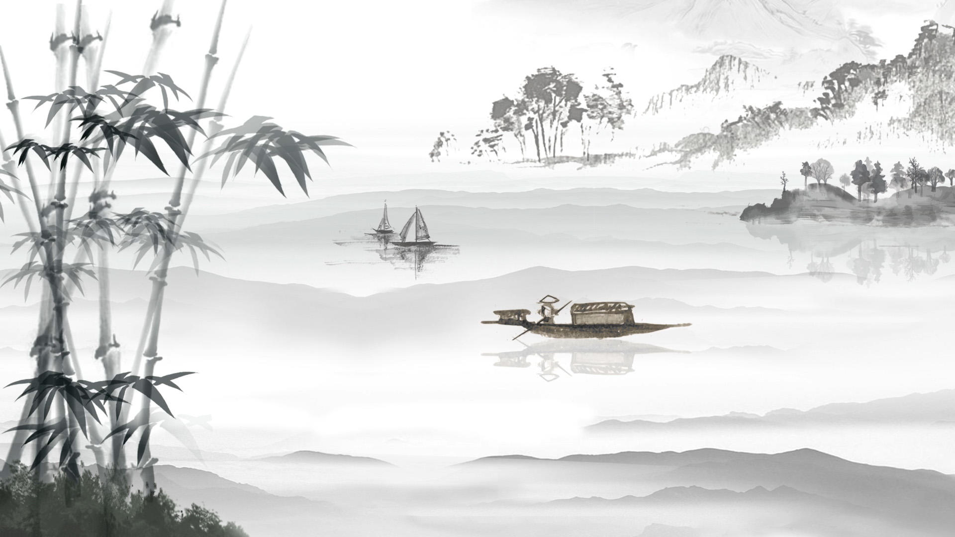 中国风水墨竹旁山水扁舟led舞台背景视频的预览图