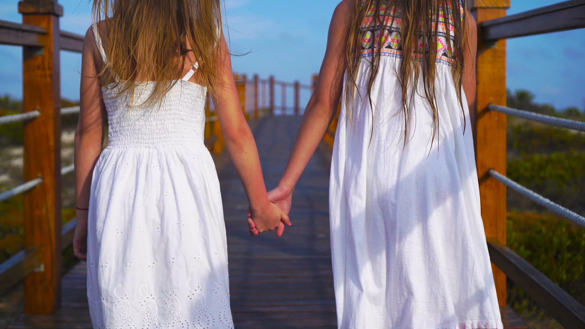 两个女孩手拉手去了白海滩和绿海视频的预览图