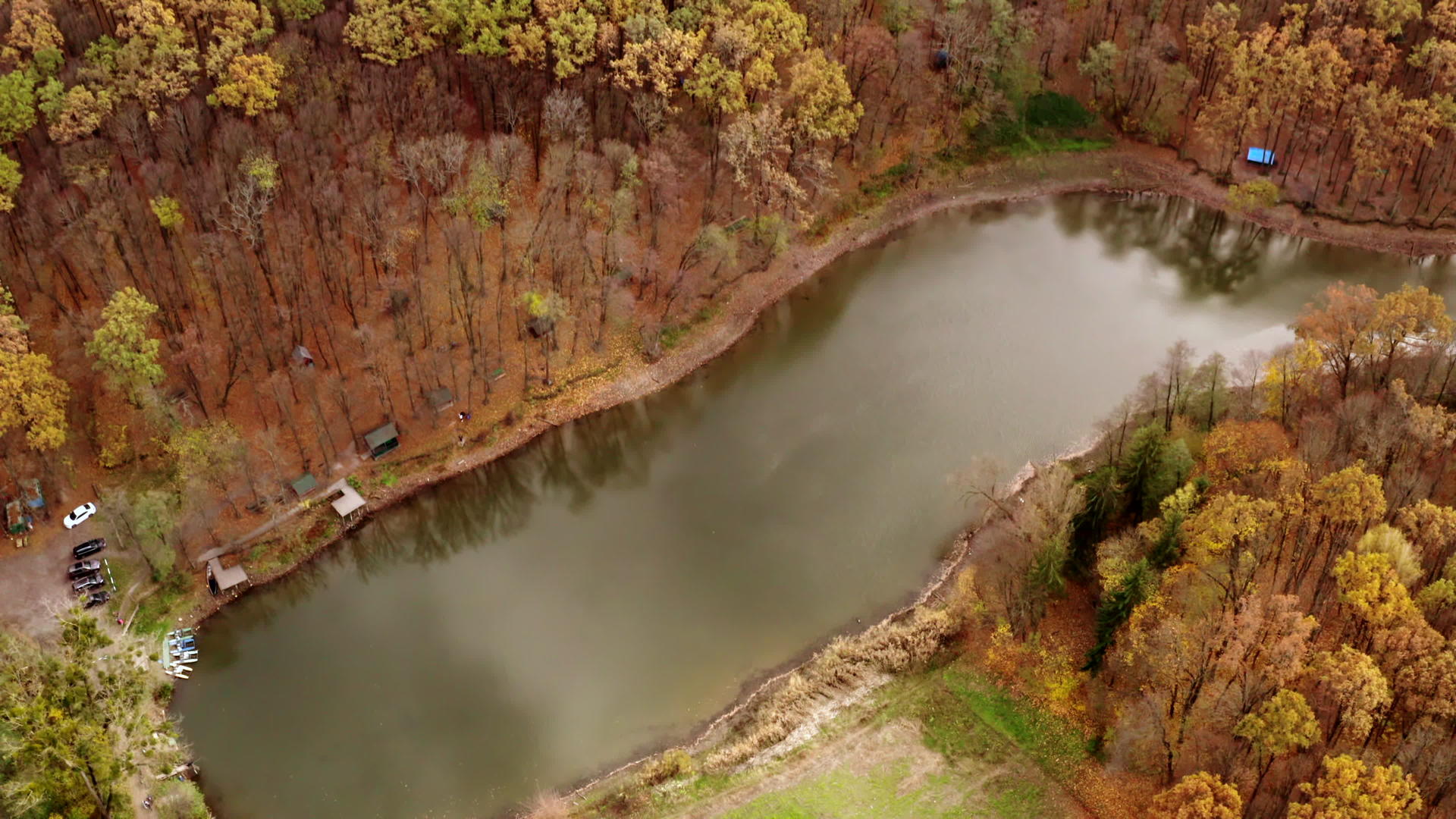 秋天的森林和小湖的空中景象视频的预览图
