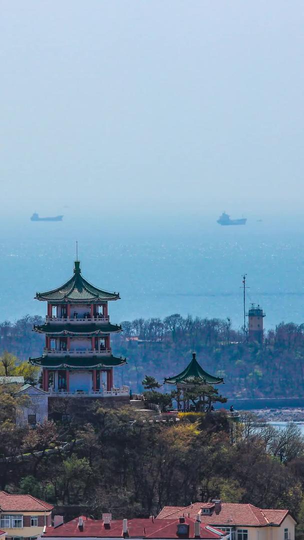 青岛风光延时远眺小鱼山和海上货船视频的预览图