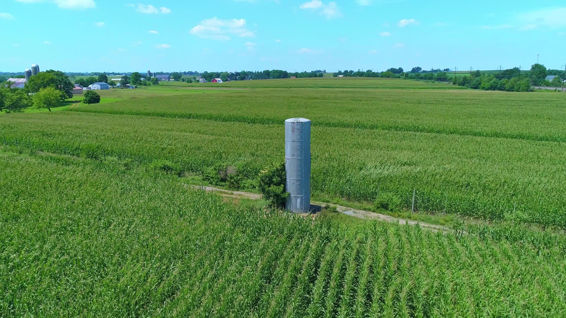 在绿色玉米田中央的一座旧水塔的空中观察位置是绿色玉米田视频的预览图