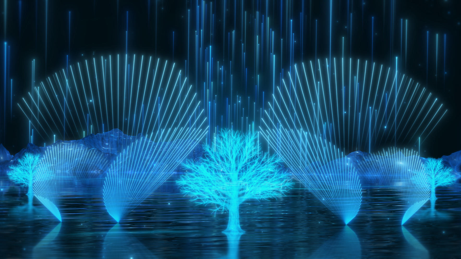 蓝色酷炫梦幻粒子瀑布流光树木波浪山峰舞台背景视频的预览图