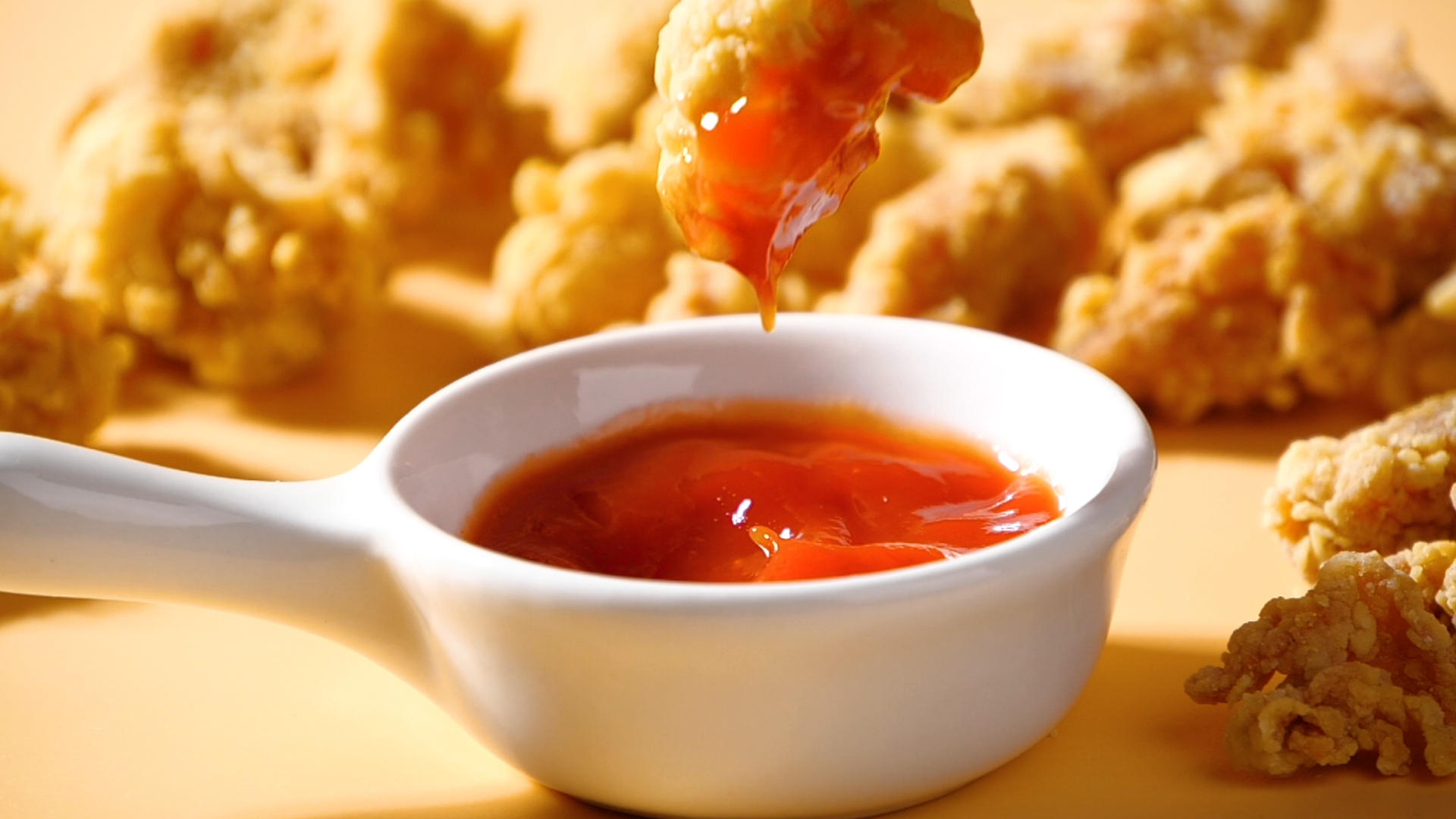 升格鸡米花油炸食品鸡米花蘸番茄酱视频的预览图