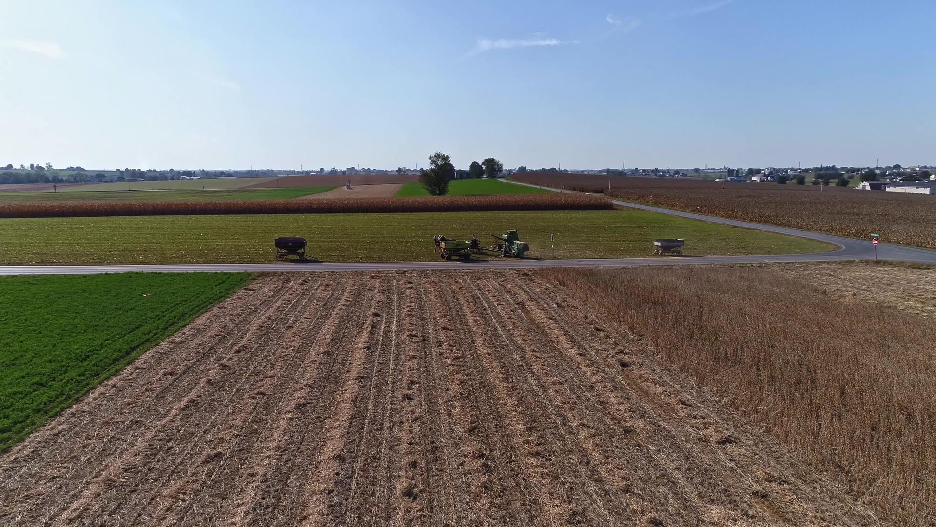 无人机飞越阿米什农民正在收割的农田和麦田视频的预览图